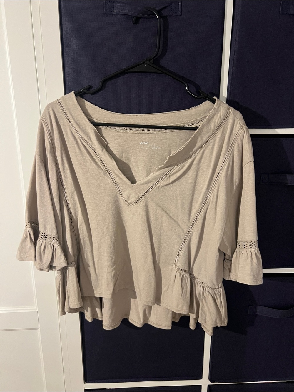 aerie Taupe Ruffle V-Neck Tunic Top